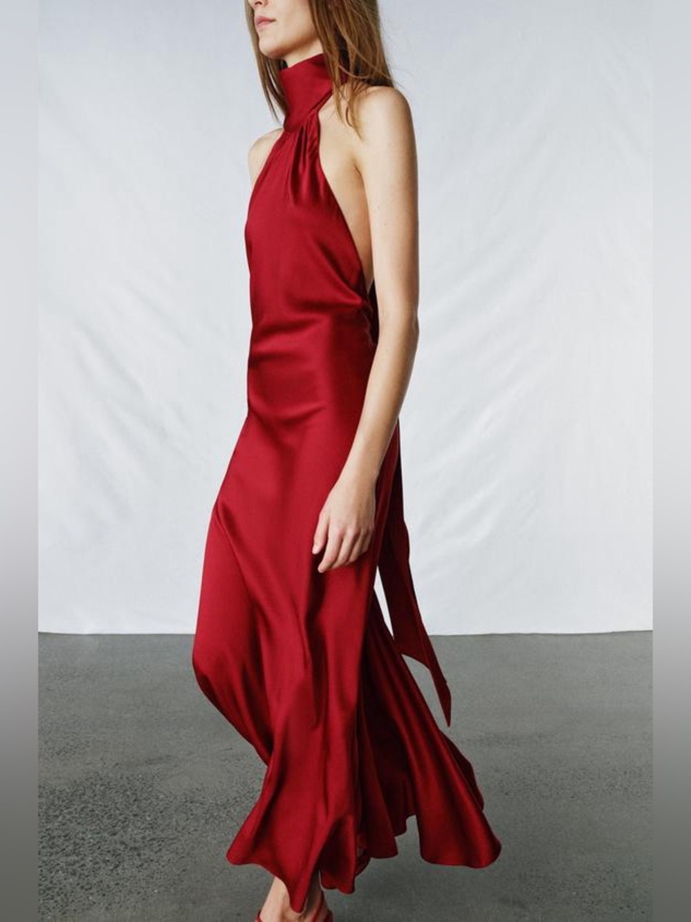 Zara Halter Neck Satin Maxi Dress in Deep Red